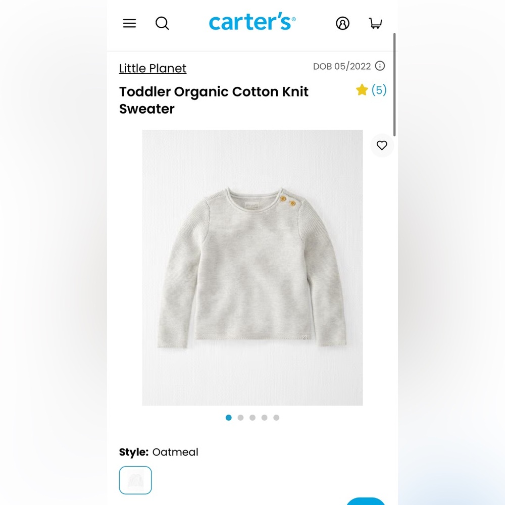 Carters Little Planet Toddler Organic Cotton Knit Sweater 5T
